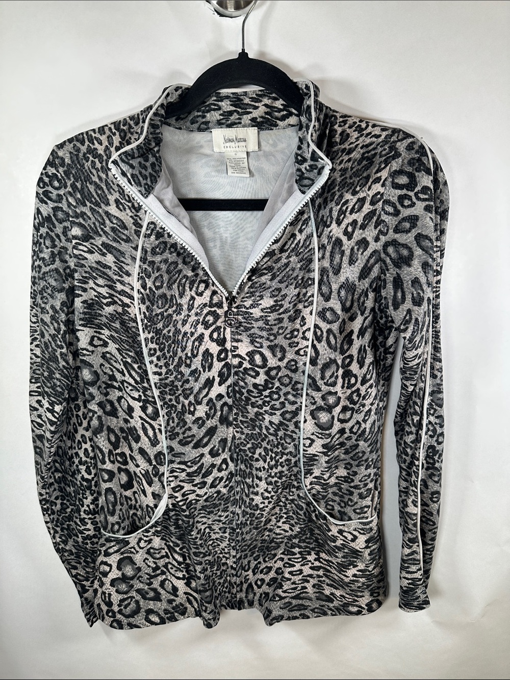 Neiman Marcus Black & White Leopard Zip Cardigan